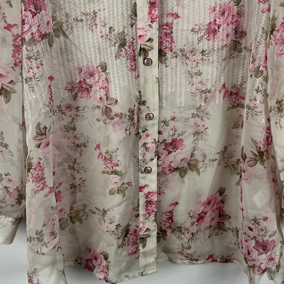 Conrad C Top Blouse Size 10 Pink Floral Long Sleeve Sheer Button Down Polyester - Picture 4 of 9